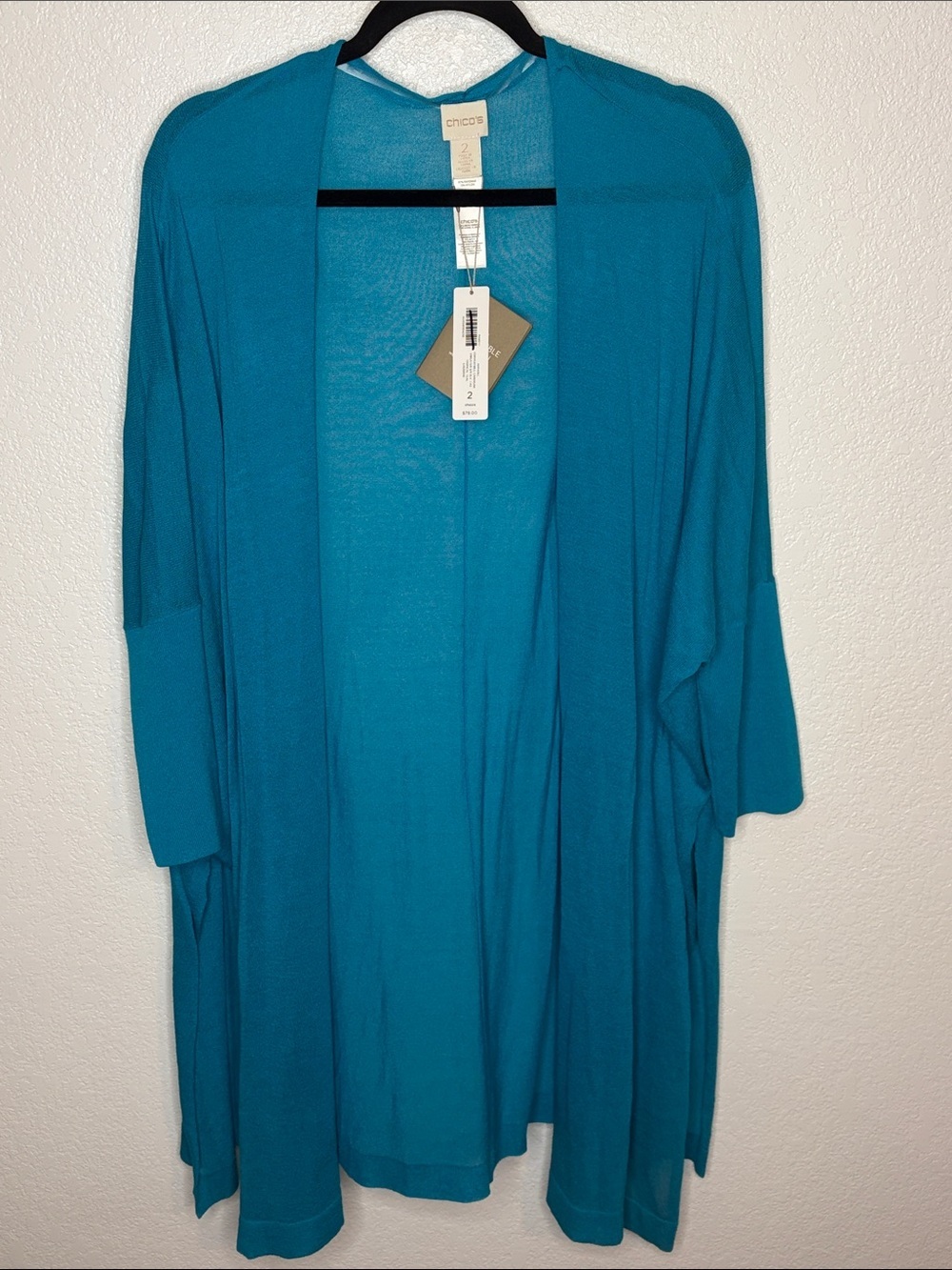 Chico’s Tropical Teal Convertible Cardigan Sweater 3/4 Sleeves Size 2 (12/14)